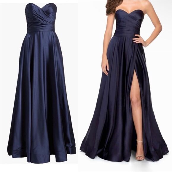 La Femme 28608 Strapless Slit Satin Ballgown sweetheart navy Size 14 NWT - Picture 4 of 5